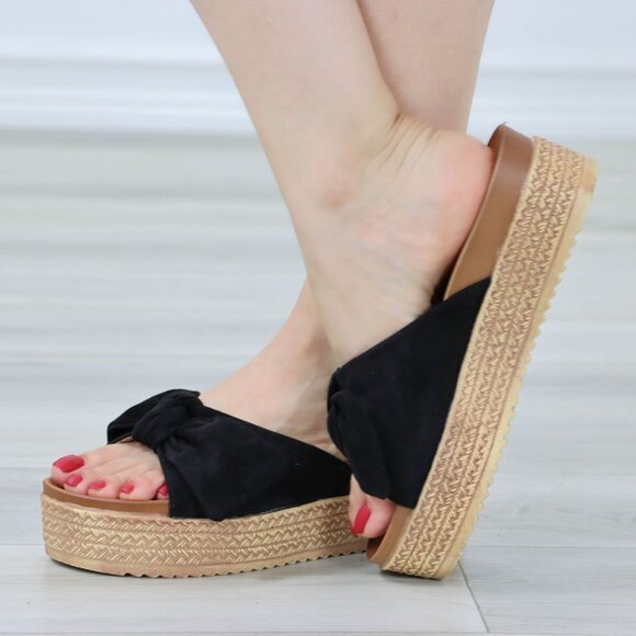 Suede Black Bow Comfort Platform Sandal Slip On Sliders - Picture 2 of 12